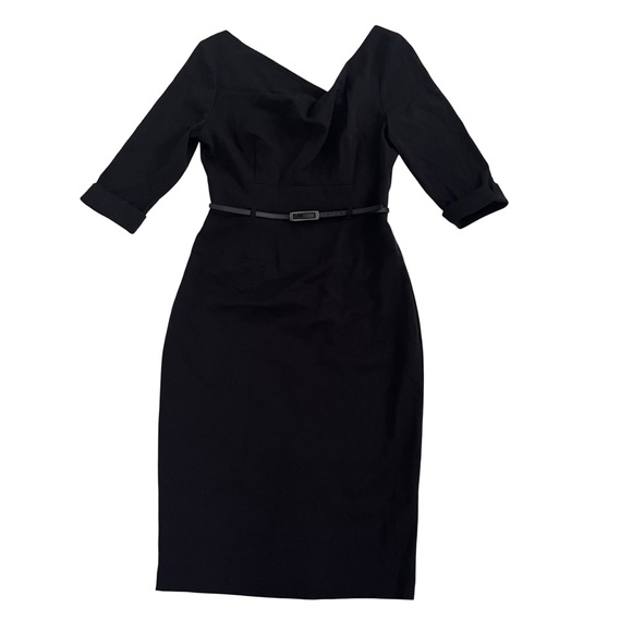 Black Halo Classic Jackie O Black Sheath Dress, Size 8, Asymmetrical, Belt - Picture 2 of 9